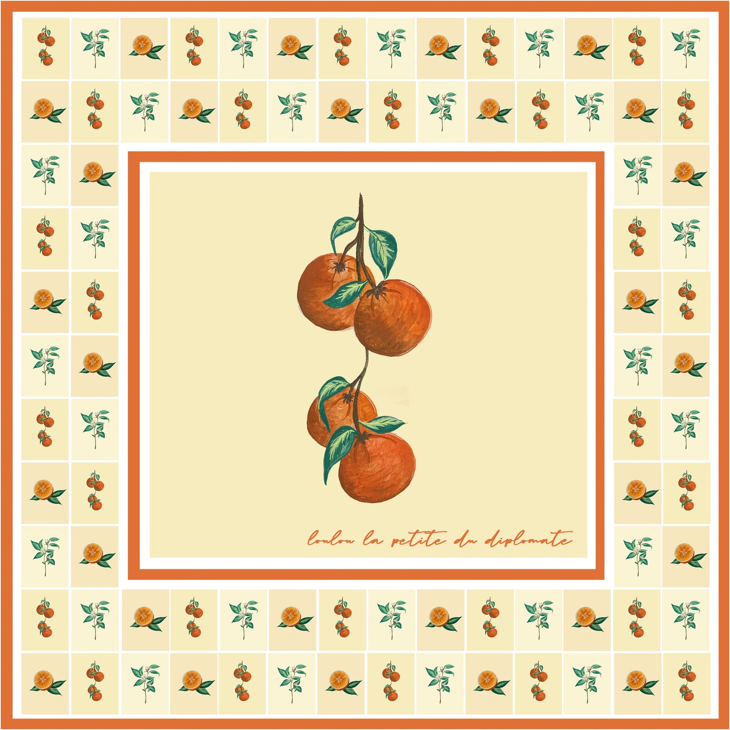 Pañuelo de Seda Beige con ramita de Naranjas y Flores (90 cm x 90 cm)