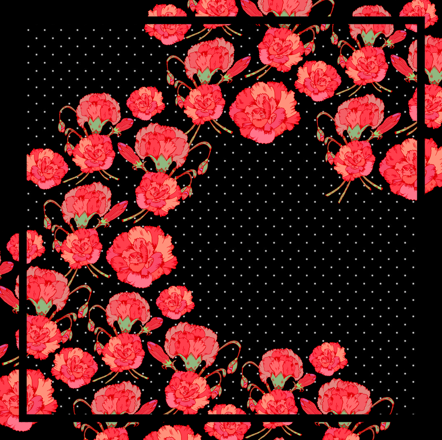Pañuelo de Seda Negra con lunares blancos y Flores Rojas (90 cm x 90 cm)